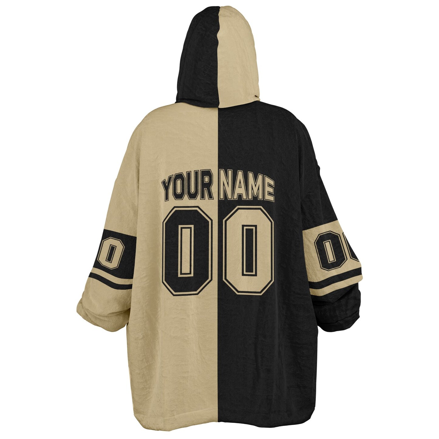 Black and old gold halftime snug hoodie featuring a symmetrical split design for a dynamic game-day look.