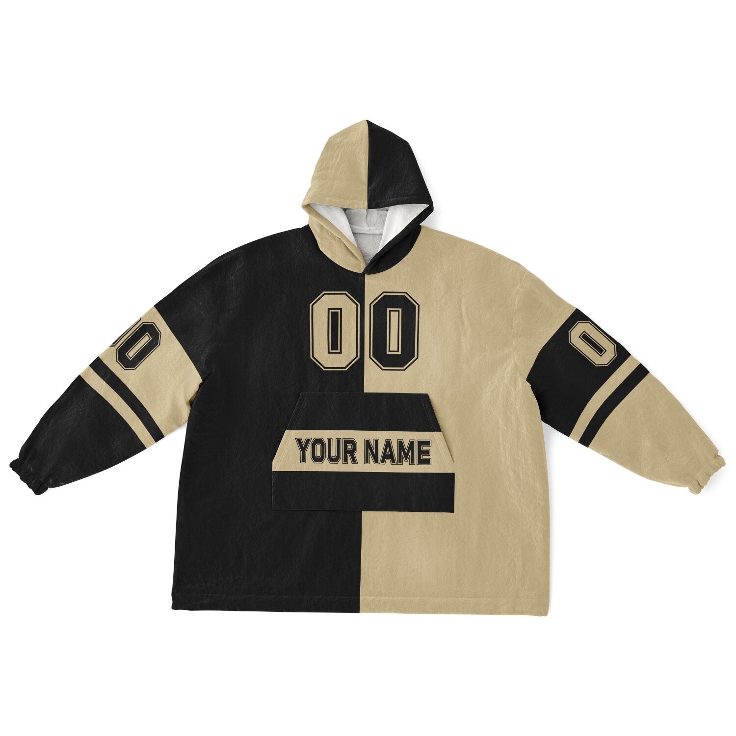 Black and old gold halftime snug hoodie featuring a symmetrical split design for a dynamic game-day look.