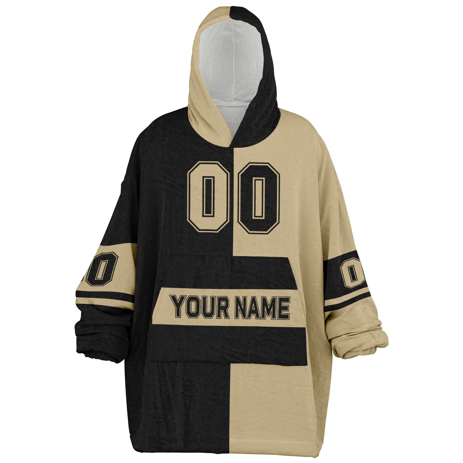 Black and old gold halftime snug hoodie featuring a symmetrical split design for a dynamic game-day look.