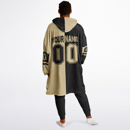 Black and old gold halftime snug hoodie featuring a symmetrical split design for a dynamic game-day look.