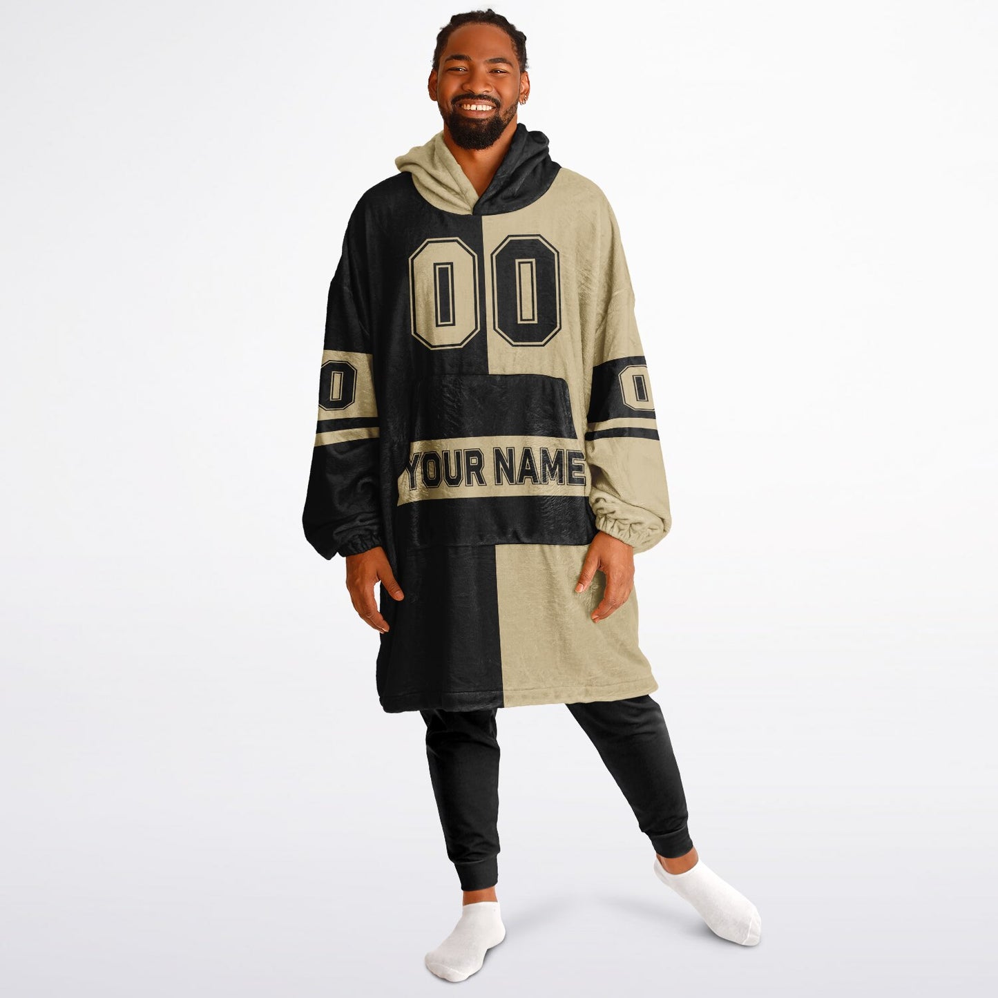 Black and old gold halftime snug hoodie featuring a symmetrical split design for a dynamic game-day look.