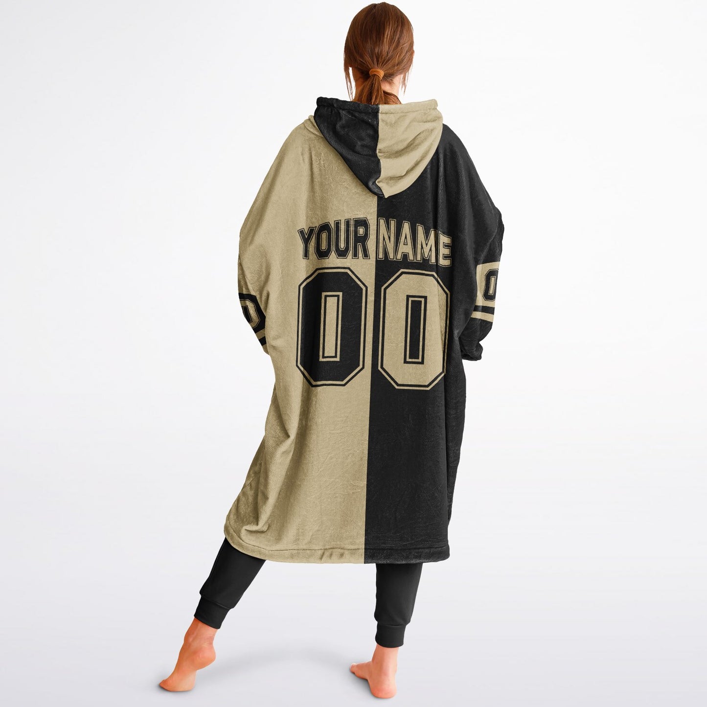 Black and old gold halftime snug hoodie featuring a symmetrical split design for a dynamic game-day look.