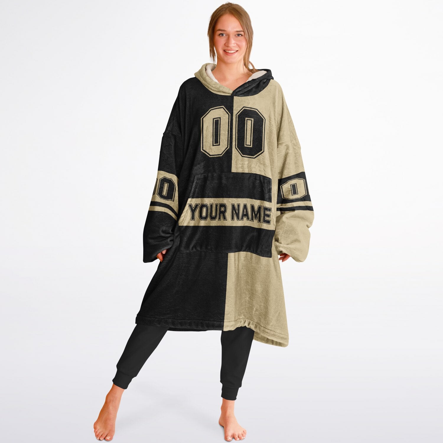 Black and old gold halftime snug hoodie featuring a symmetrical split design for a dynamic game-day look.