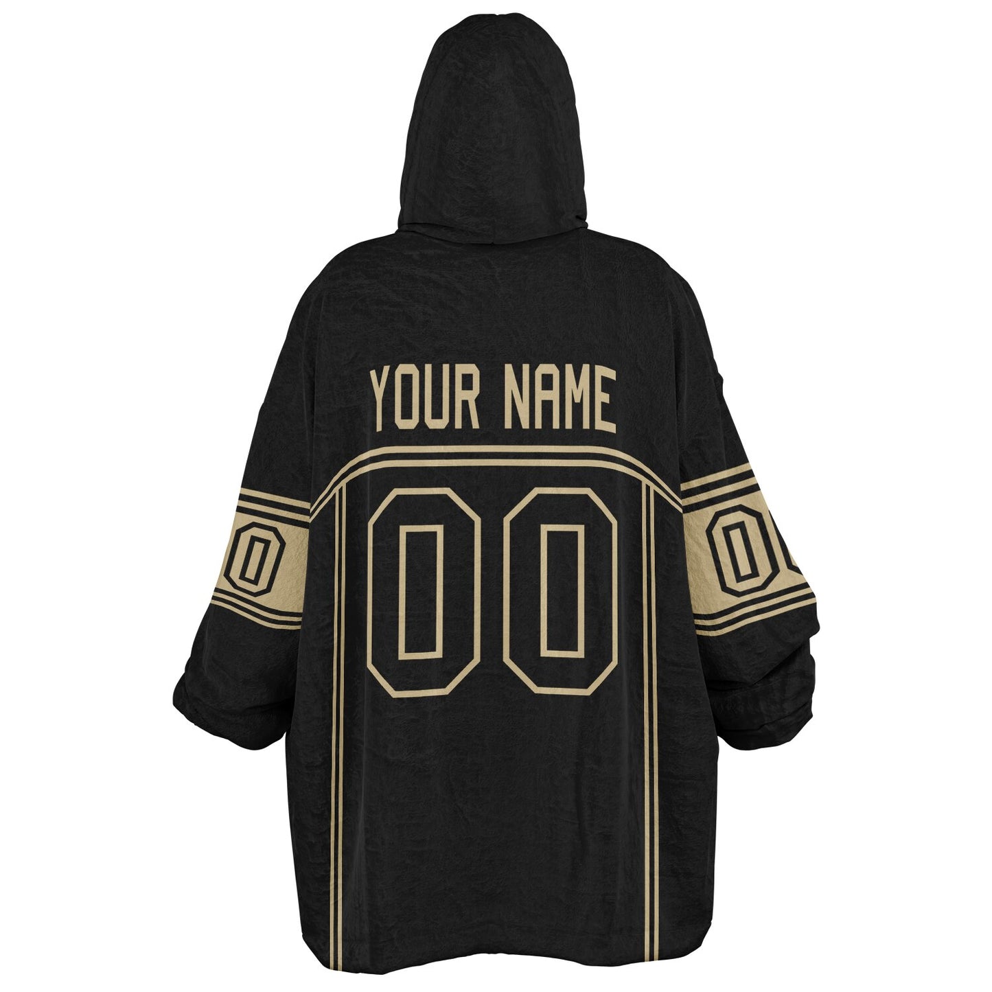 Black and old gold lineup snug hoodie featuring sleek line-art details and minimalist team-inspired design.