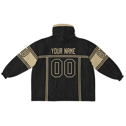 Black and old gold lineup snug hoodie featuring sleek line-art details and minimalist team-inspired design.