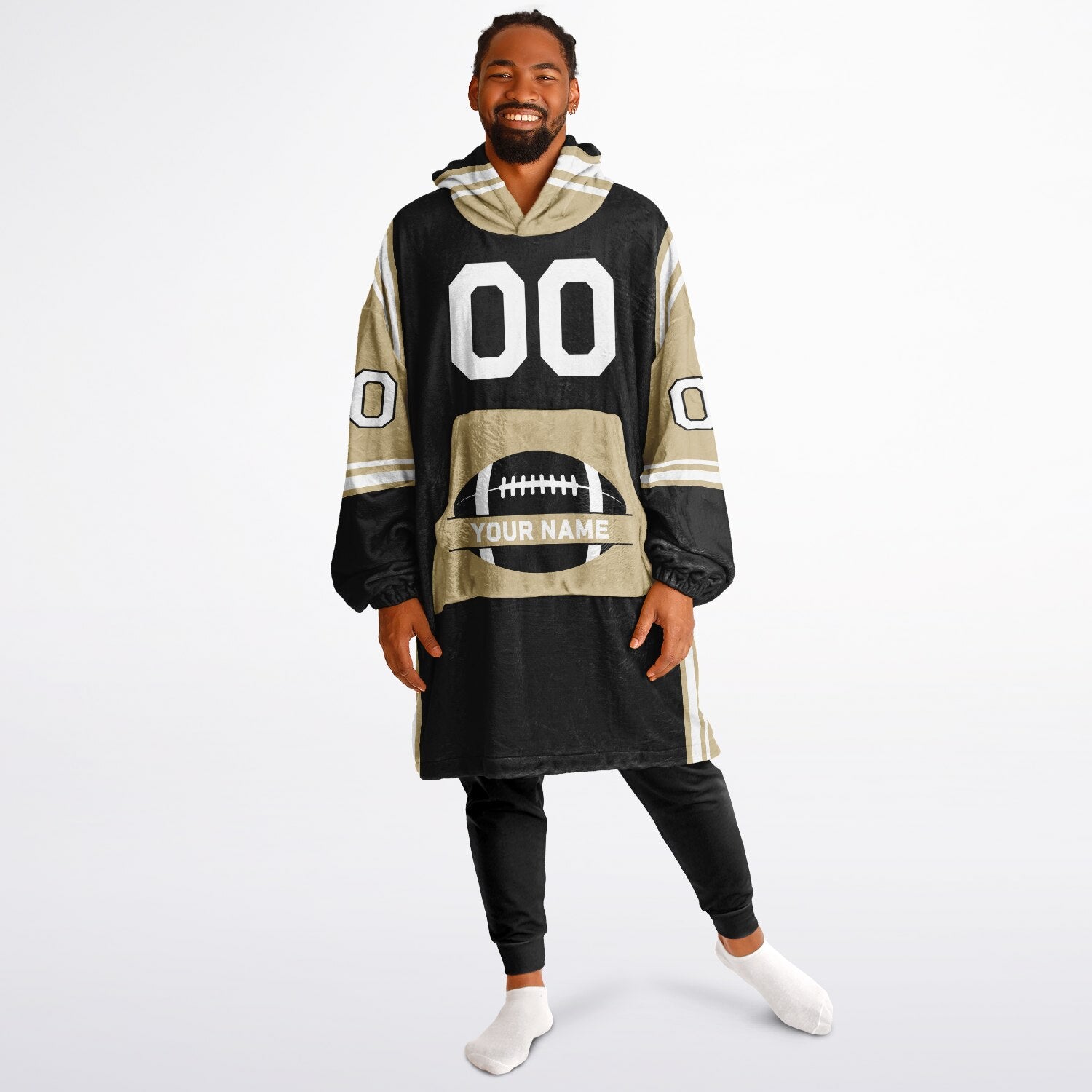 Black, old gold, and white bold snug hoodie with triple color blocking and a sporty aesthetic.