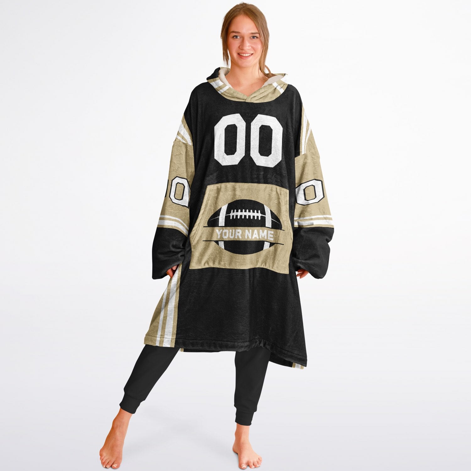 Black, old gold, and white bold snug hoodie with triple color blocking and a sporty aesthetic.