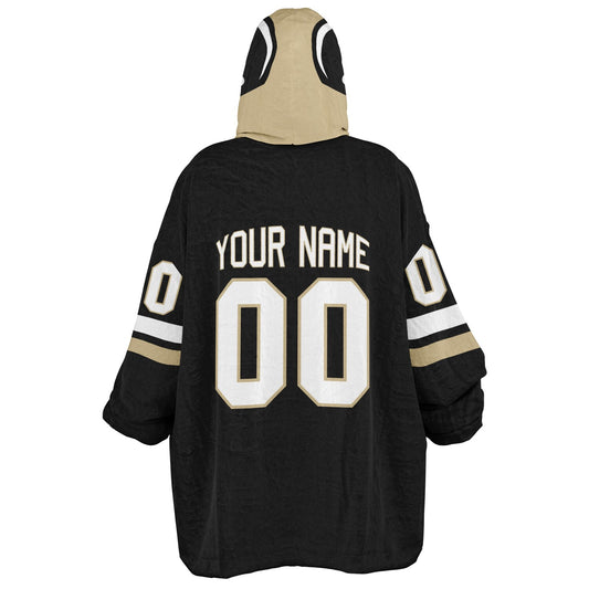 Black, old gold, and white classic snug hoodie featuring authentic jersey striping and personalized number details.