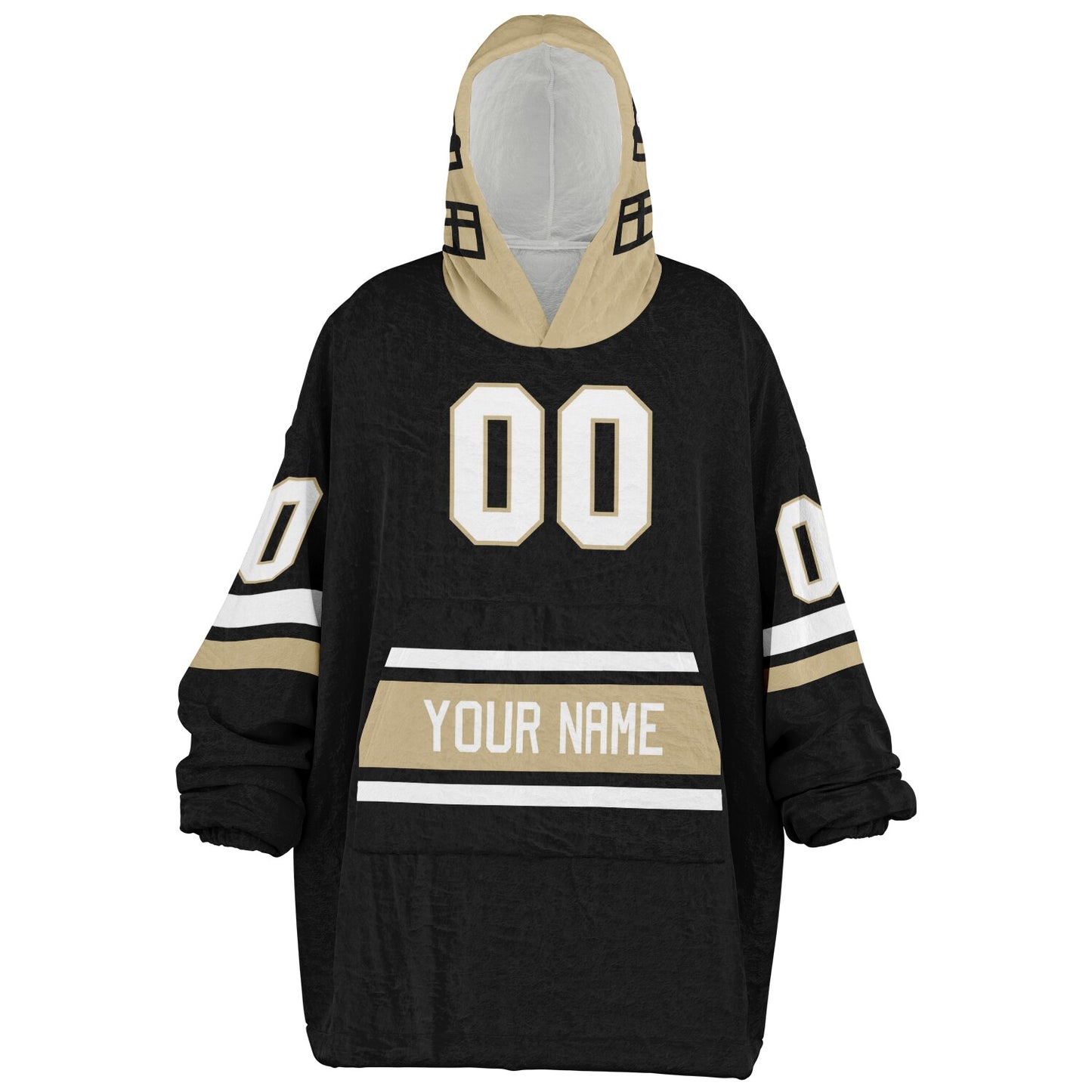 Black, old gold, and white classic snug hoodie featuring authentic jersey striping and personalized number details.

