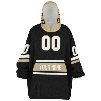 Black, old gold, and white classic snug hoodie featuring authentic jersey striping and personalized number details.

