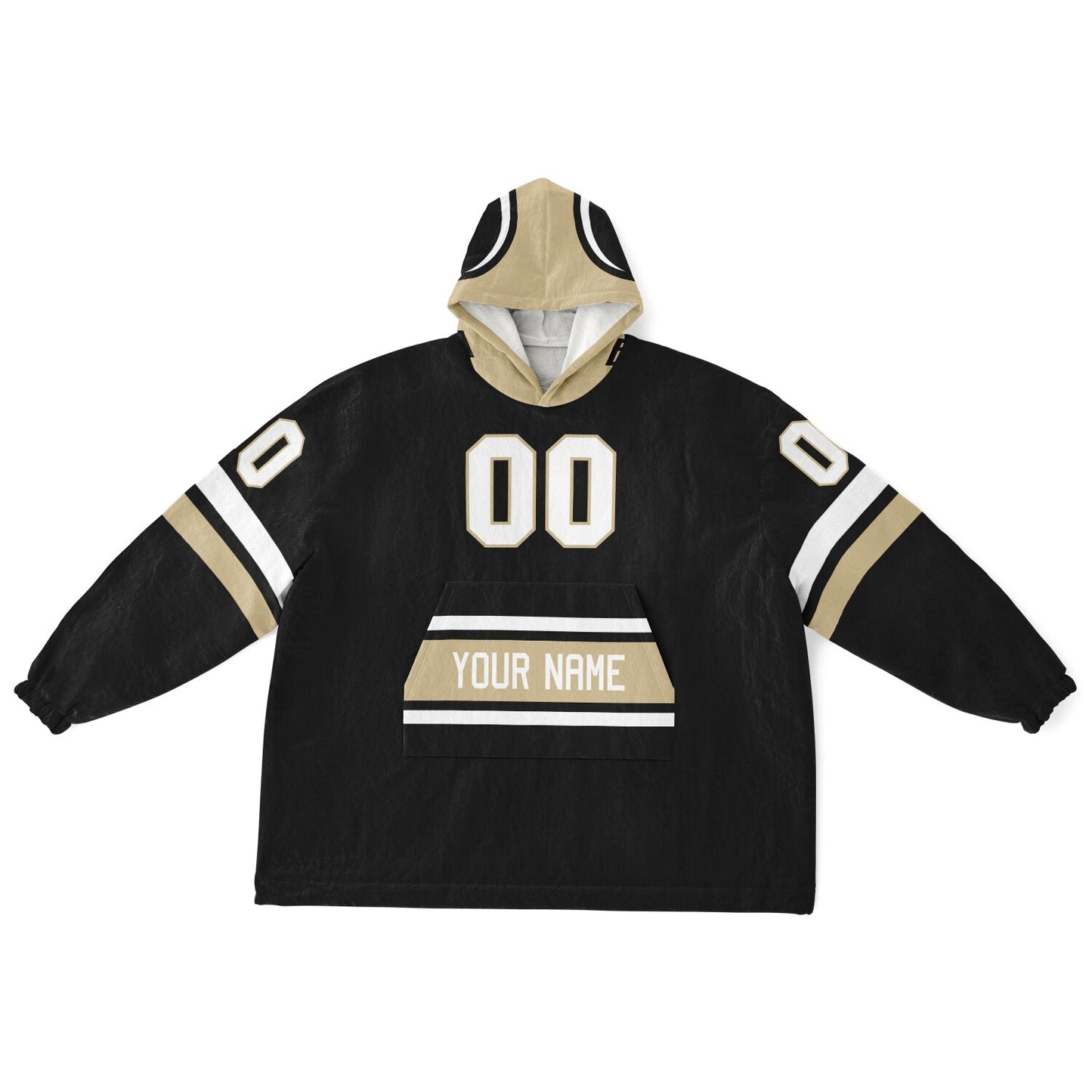 Black, old gold, and white classic snug hoodie featuring authentic jersey striping and personalized number details.