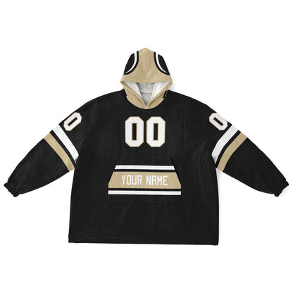 Black, old gold, and white classic snug hoodie featuring authentic jersey striping and personalized number details.