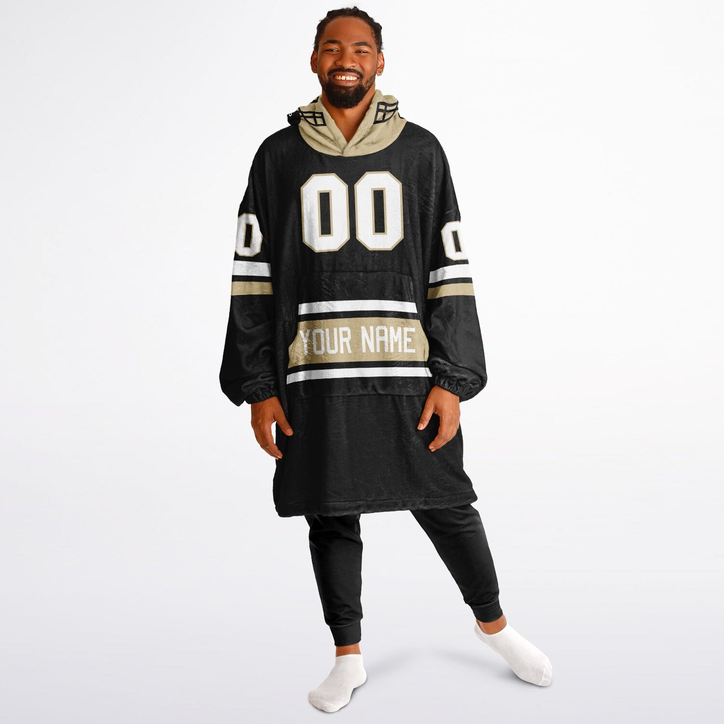 Black, old gold, and white classic snug hoodie featuring authentic jersey striping and personalized number details.
