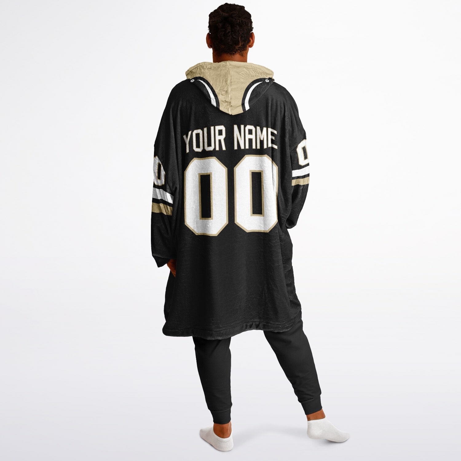 Black, old gold, and white classic snug hoodie featuring authentic jersey striping and personalized number details.