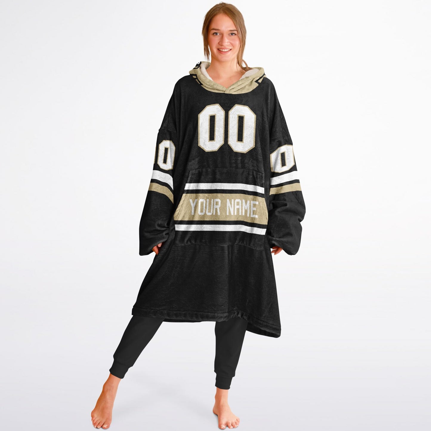 Black, old gold, and white classic snug hoodie featuring authentic jersey striping and personalized number details.