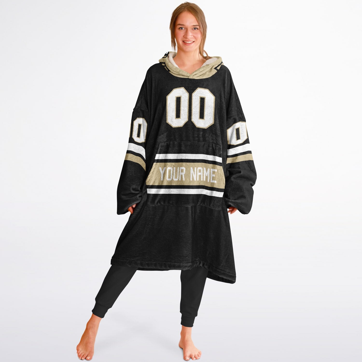 Black, old gold, and white classic snug hoodie featuring authentic jersey striping and personalized number details.