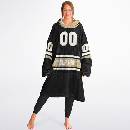 Black, old gold, and white classic snug hoodie featuring authentic jersey striping and personalized number details.