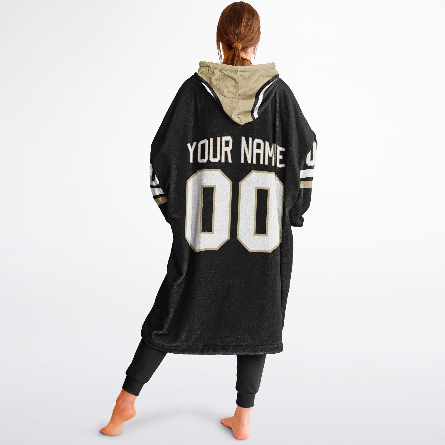 Black, old gold, and white classic snug hoodie featuring authentic jersey striping and personalized number details.