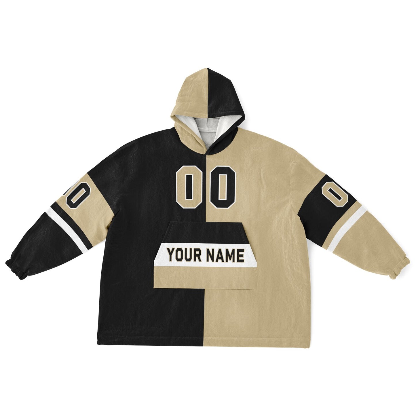 Black, old gold, and white halftime snug hoodie with three-tone split design and cozy fleece texture.