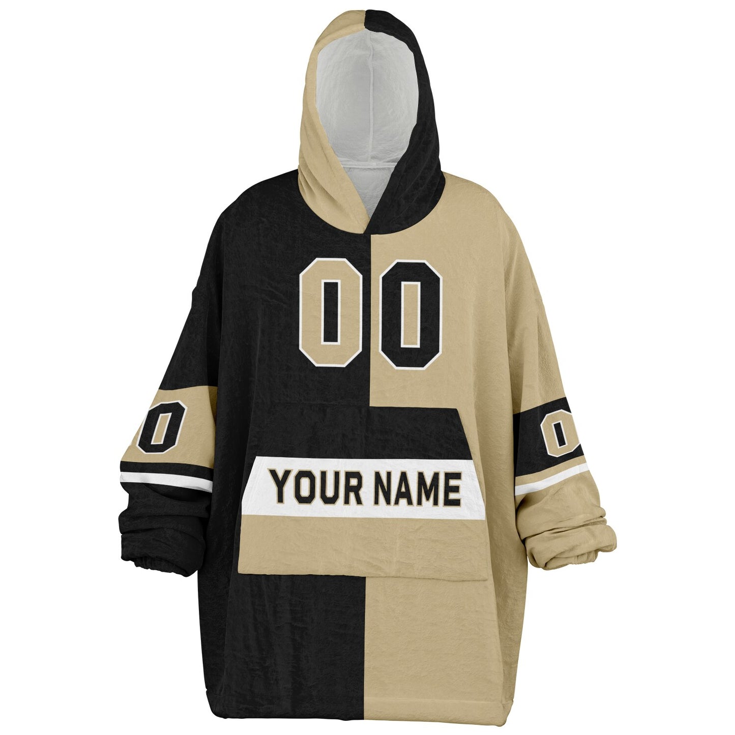 Black, old gold, and white halftime snug hoodie with three-tone split design and cozy fleece texture.