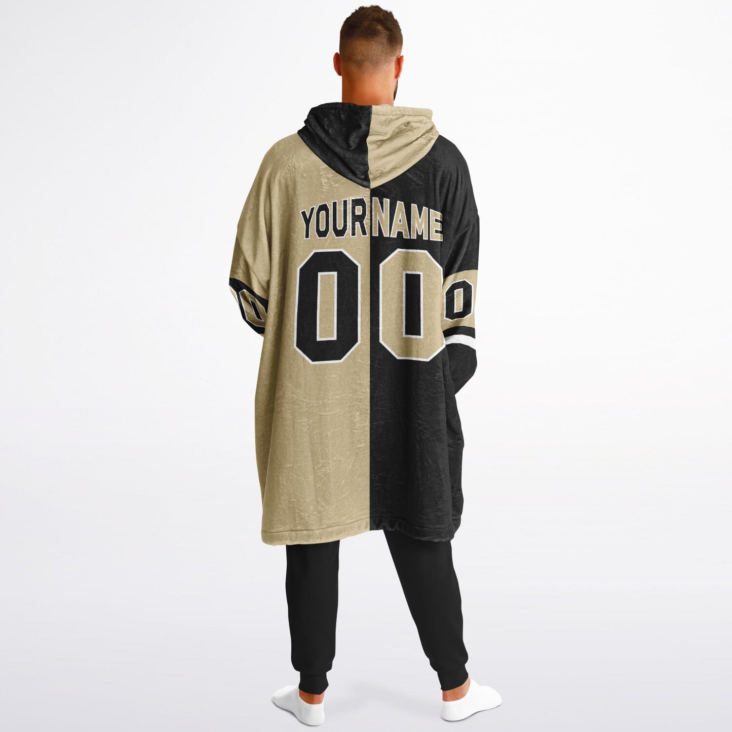 Black, old gold, and white halftime snug hoodie with three-tone split design and cozy fleece texture.