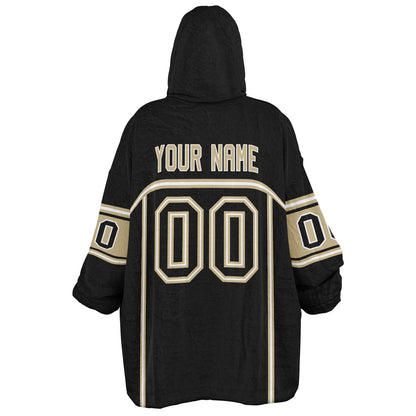 Black, old gold, and white lineup snug hoodie with clean line work and subtle jersey influence.