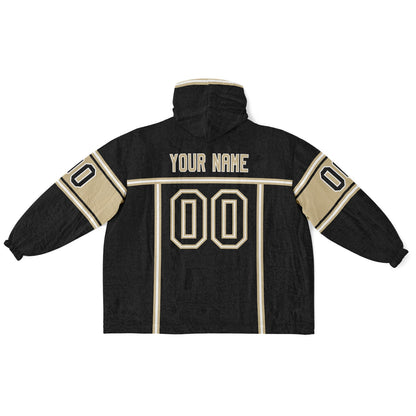 Black, old gold, and white lineup snug hoodie with clean line work and subtle jersey influence.