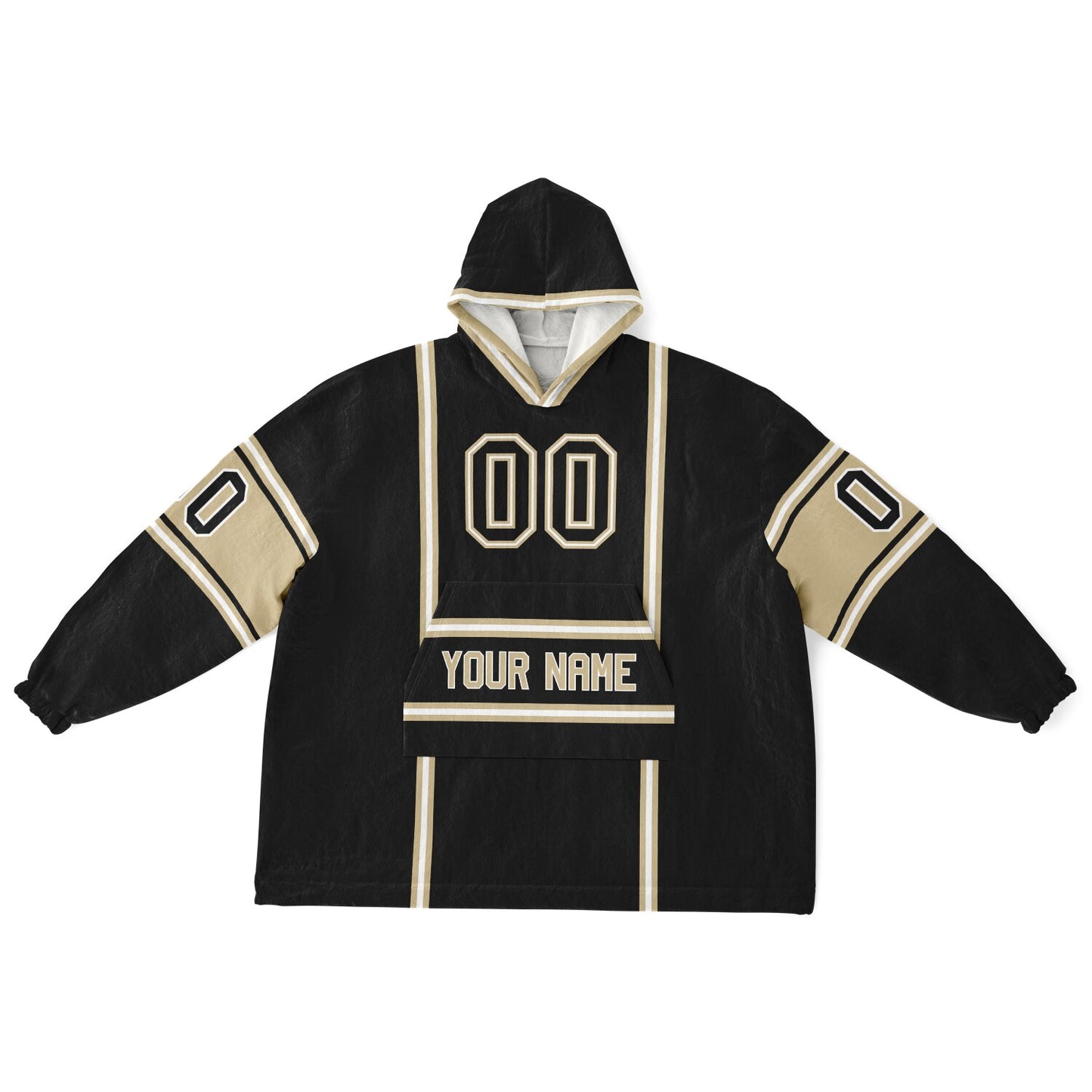 Black, old gold, and white lineup snug hoodie with clean line work and subtle jersey influence.