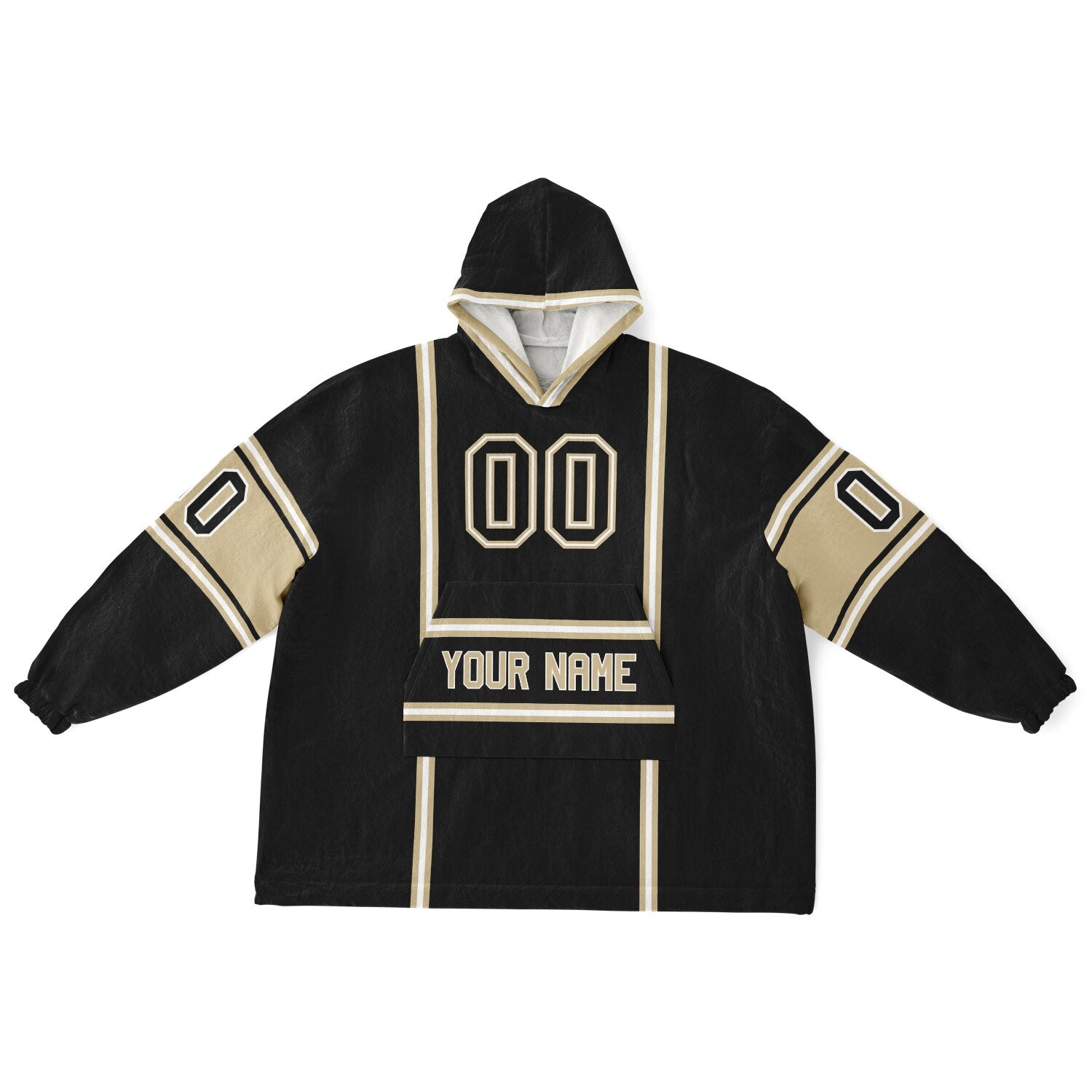 Black, old gold, and white lineup snug hoodie with clean line work and subtle jersey influence.
