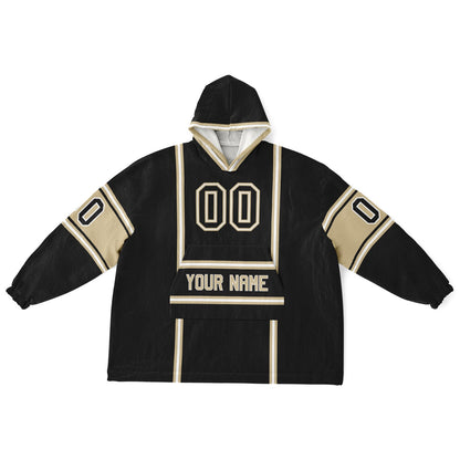 Black, old gold, and white lineup snug hoodie with clean line work and subtle jersey influence.