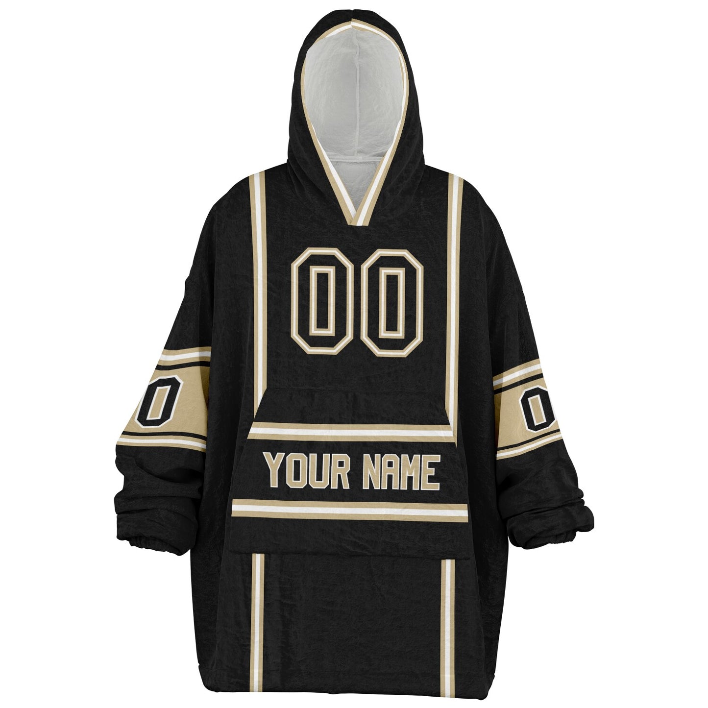 Black, old gold, and white lineup snug hoodie with clean line work and subtle jersey influence.