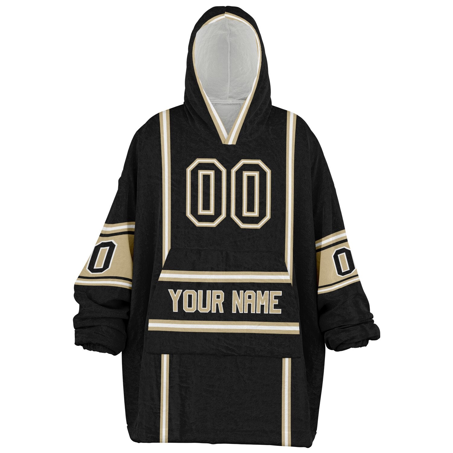 Black, old gold, and white lineup snug hoodie with clean line work and subtle jersey influence.
