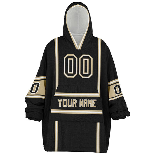 Black, old gold, and white lineup snug hoodie with clean line work and subtle jersey influence.