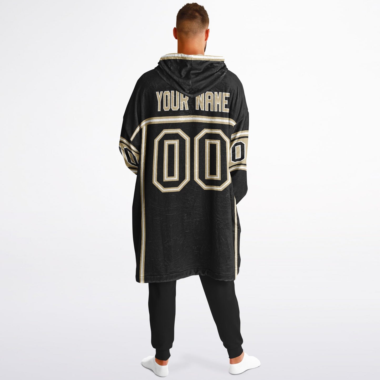 Black, old gold, and white lineup snug hoodie with clean line work and subtle jersey influence.