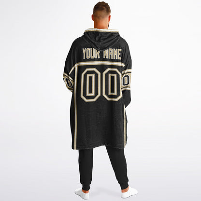 Black, old gold, and white lineup snug hoodie with clean line work and subtle jersey influence.