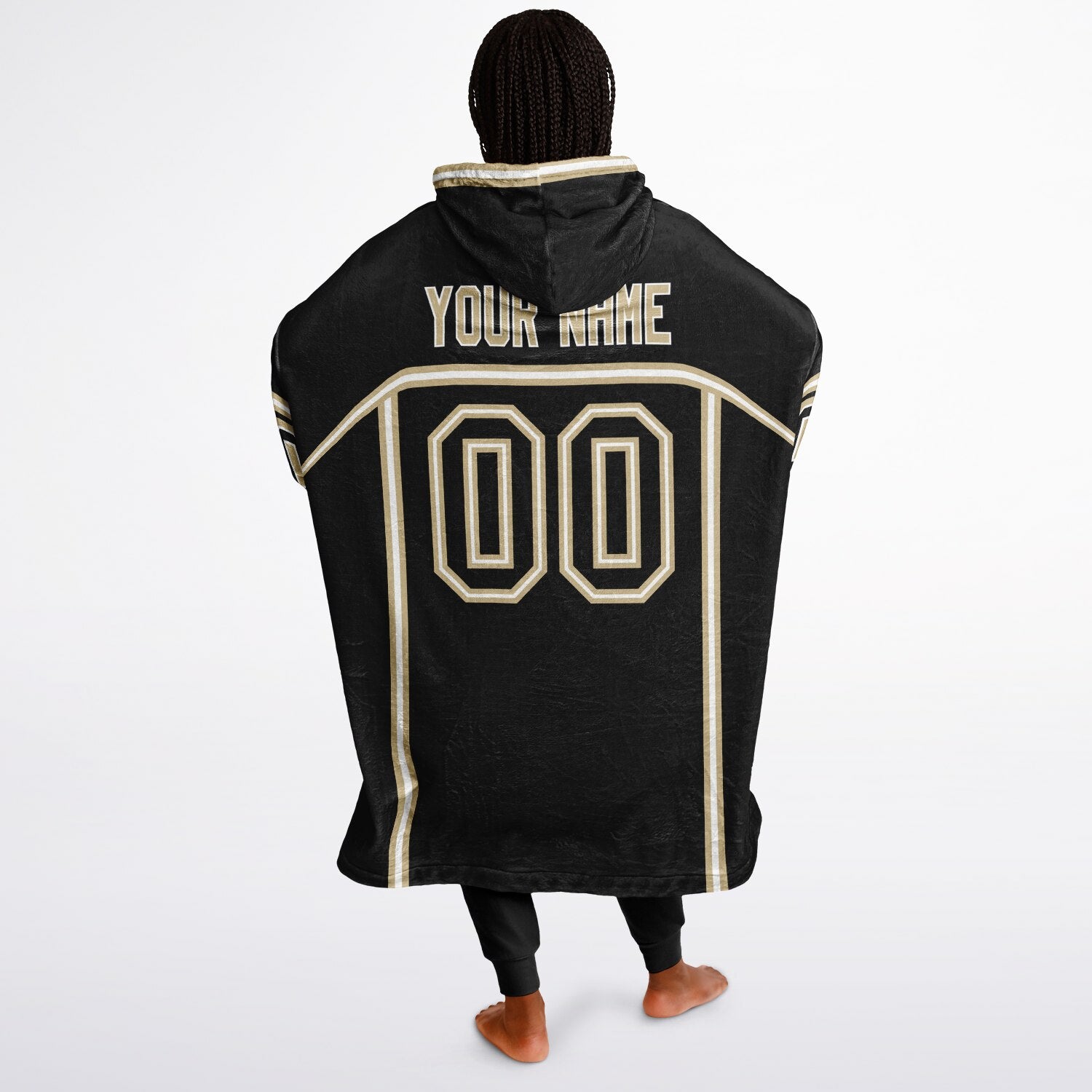 Black, old gold, and white lineup snug hoodie with clean line work and subtle jersey influence.