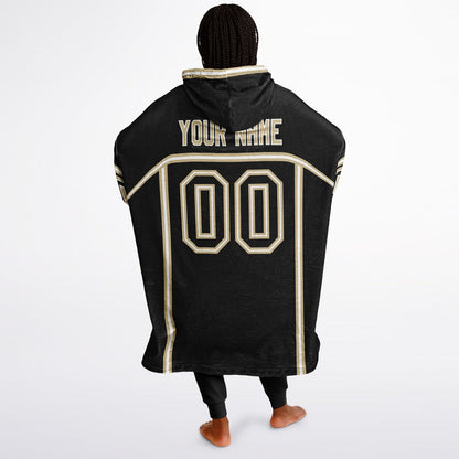 Black, old gold, and white lineup snug hoodie with clean line work and subtle jersey influence.
