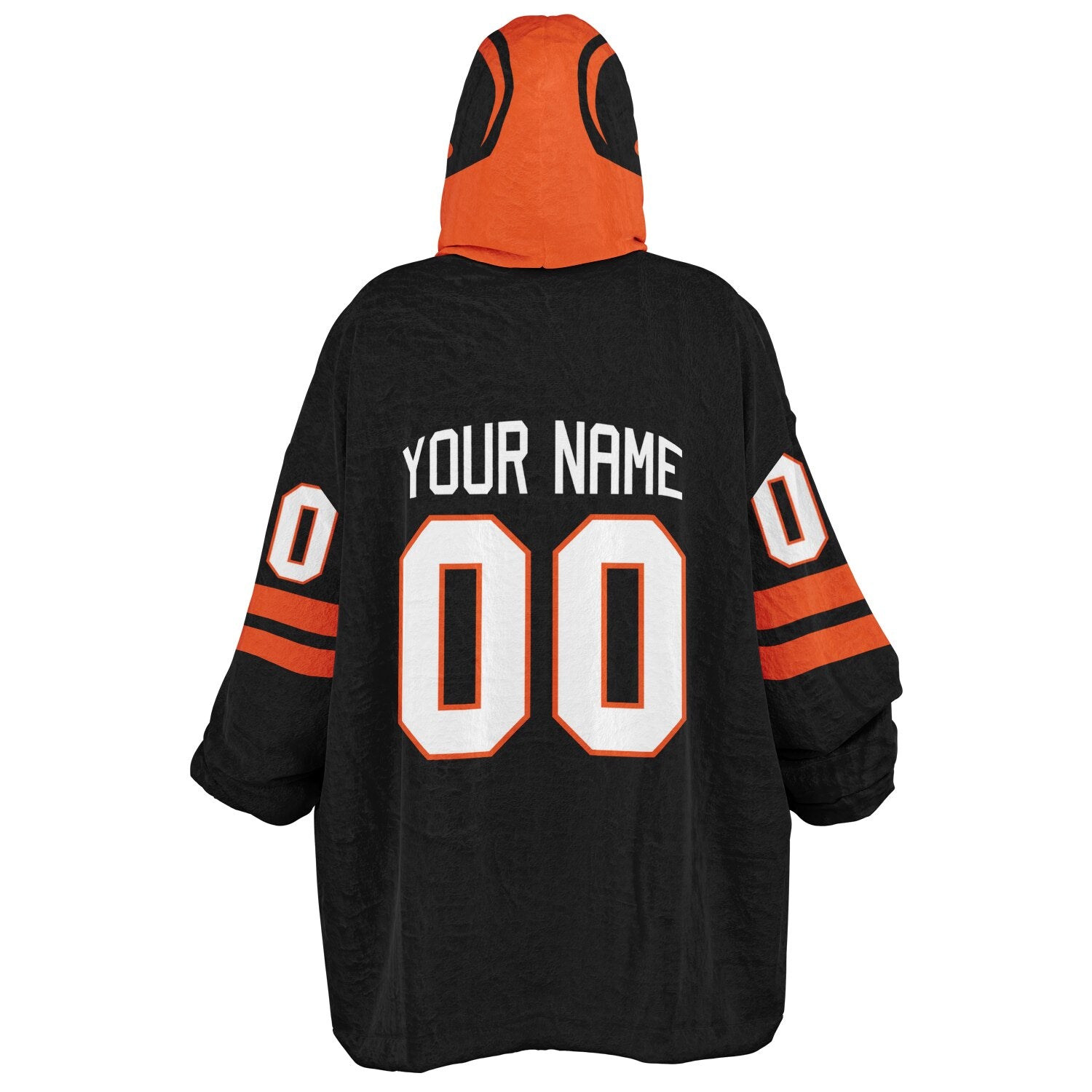 Black and orange classic snug hoodie featuring jersey-style stripes and personalized name and number.