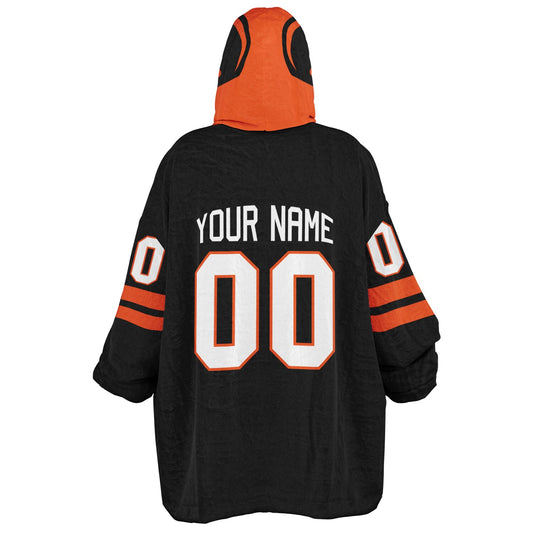 Black and orange classic snug hoodie featuring jersey-style stripes and personalized name and number.