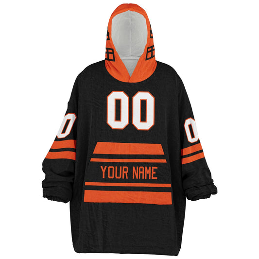 Black and orange classic snug hoodie featuring jersey-style stripes and personalized name and number.