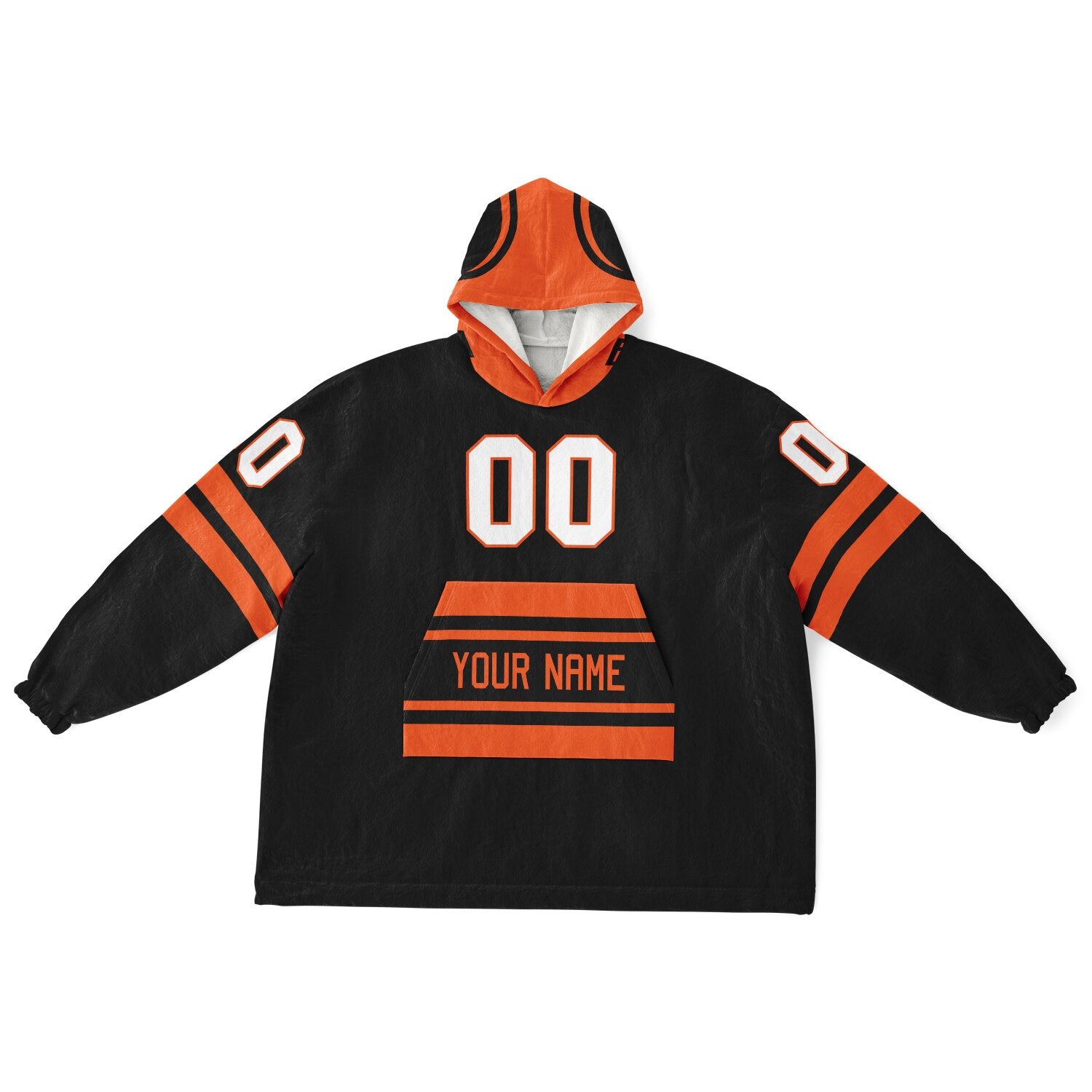 Black and orange classic snug hoodie featuring jersey-style stripes and personalized name and number.