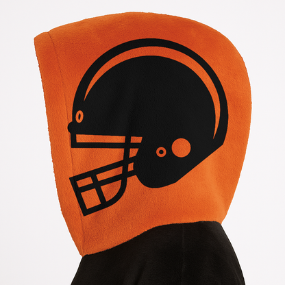 Black and orange classic snug hoodie featuring jersey-style stripes and personalized name and number.