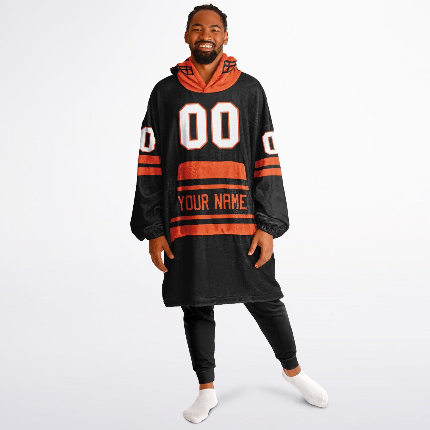 Black and orange classic snug hoodie featuring jersey-style stripes and personalized name and number.