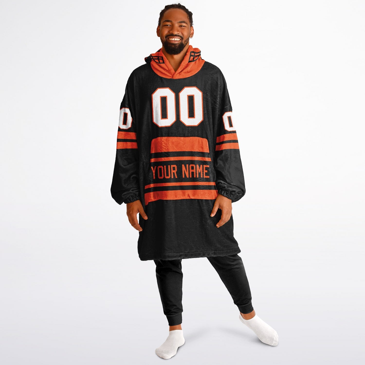 Black and orange classic snug hoodie featuring jersey-style stripes and personalized name and number.