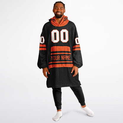 Black and orange classic snug hoodie featuring jersey-style stripes and personalized name and number.