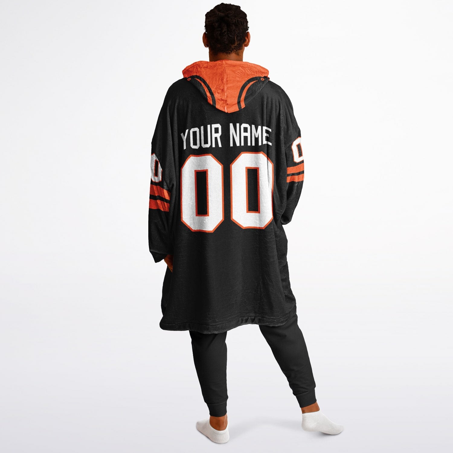Black and orange classic snug hoodie featuring jersey-style stripes and personalized name and number.