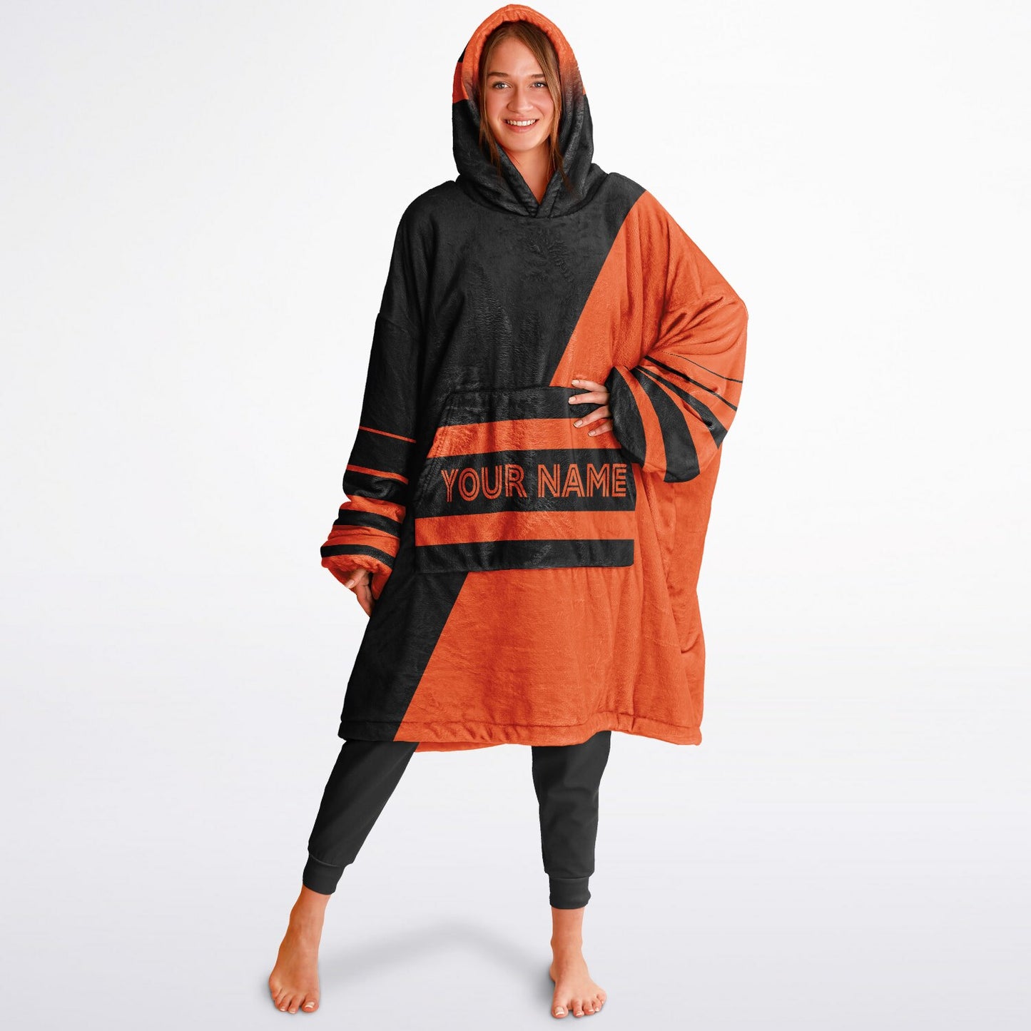 Black and orange reversible snug hoodie with soft interior lining and casual everyday style for football fans.