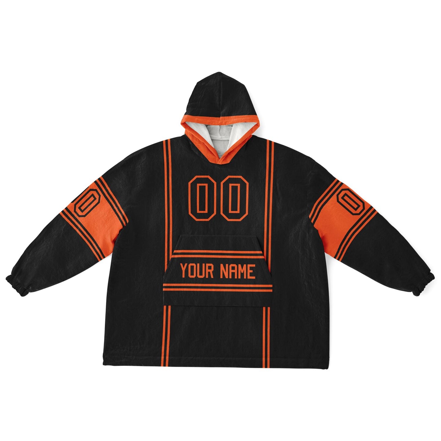 Black and orange lineup snug hoodie featuring sleek line-art details and minimalist team-inspired design.