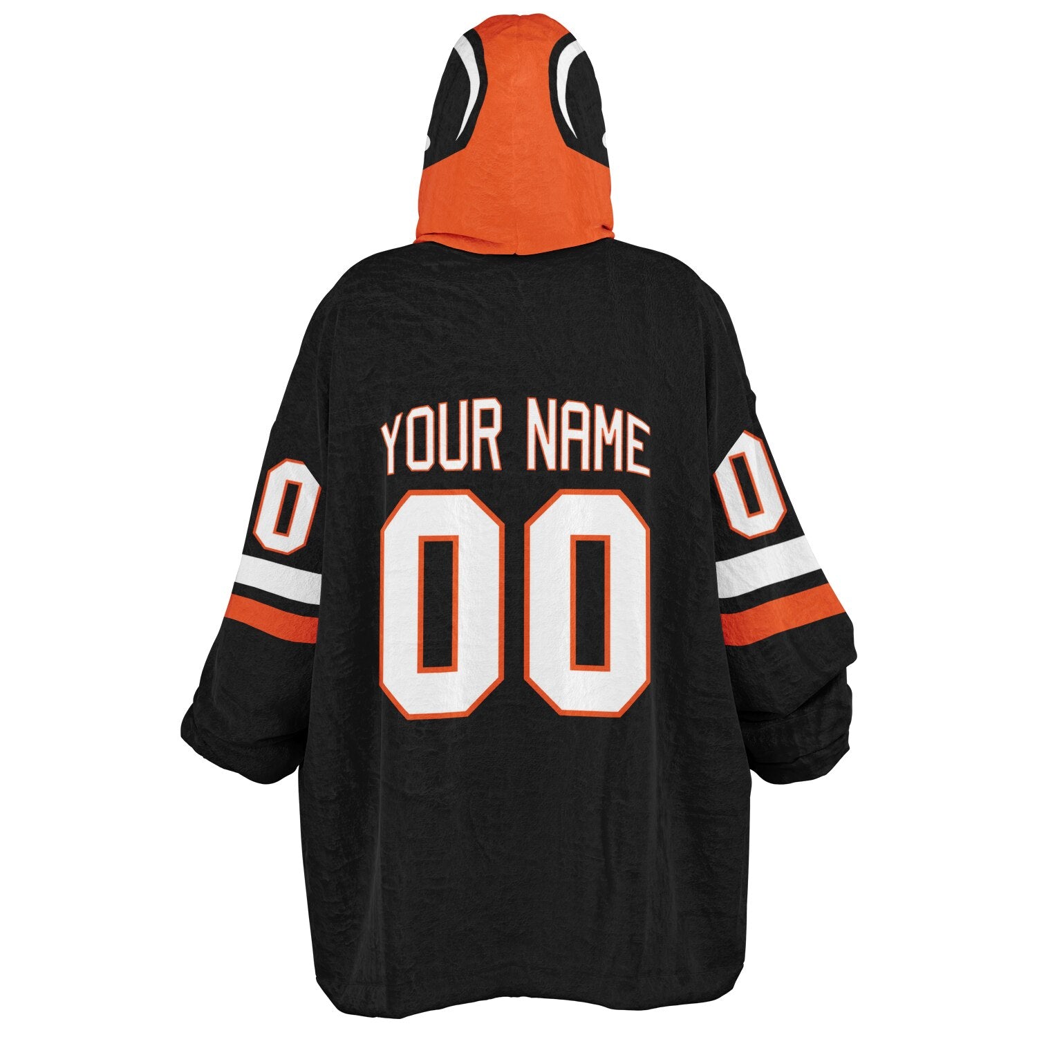 Black, orange, and white classic snug hoodie featuring authentic jersey striping and personalized number details.