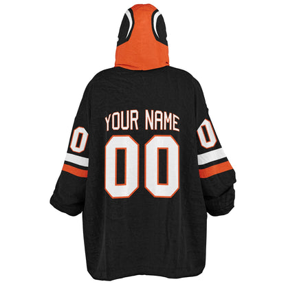 Black, orange, and white classic snug hoodie featuring authentic jersey striping and personalized number details.